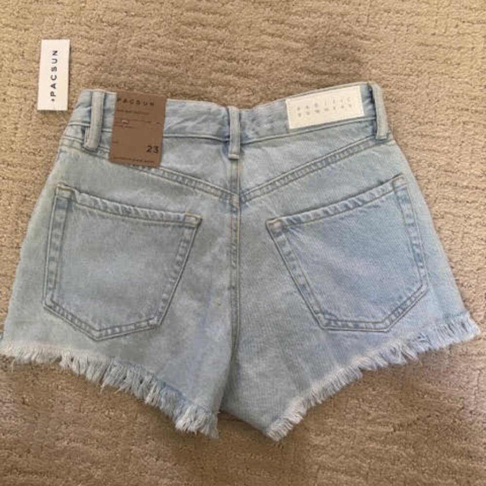 Pacsun Light Indigo Ripped Button Fly High Waisted Denim Festival Shorts